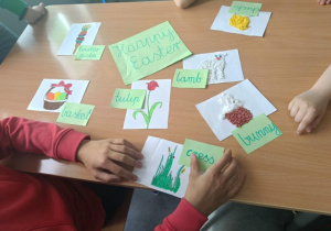 Poznawanie słówek i dopasowywanie obrazków do napisów – dzieci łączą ilustracje z angielskimi słowami, np. jajko z podpisem “Easter egg”.