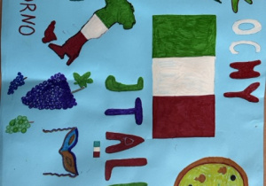 Na zdjęciu widoczny jest plakat przygotowany przez ucznia klasy I na temat Włoch – przedstawia charakterystyczne symbole i elementy kultury włoskiej.”
